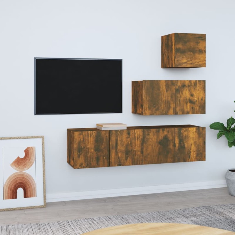 Set di Mobili Porta TV 4 pz Rovere Fumo in Legno Multistrato Set di Mobili Porta TV 4 pz Rovere Fumo in Legno Multistrato