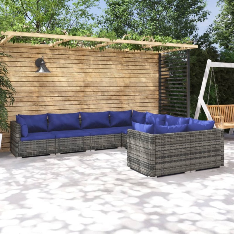 Set Divani da Giardino 8 pz con Cuscini in Polyrattan Grigio Set Divani da Giardino 8 pz con Cuscini in Polyrattan Grigio