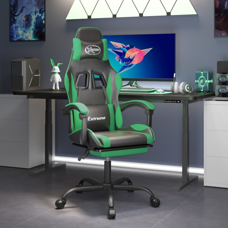 Sedia da Gaming Girevole con Poggiapiedi Nero Verde Similpelle Sedia da Gaming Girevole con Poggiapiedi Nero Verde Similpelle