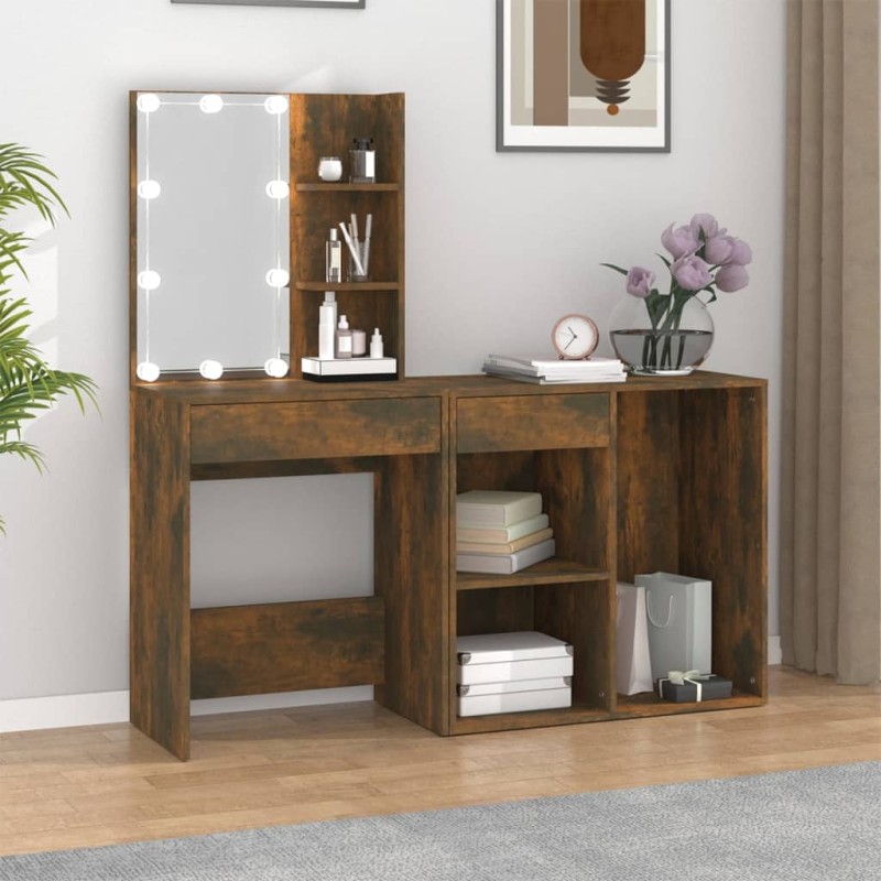 vidaXL Toeletta con LED e Armadietto Rovere Fumo in Legno Multistrato vidaXL Toeletta con LED e Armadietto Rovere Fumo in Legno Multistrato