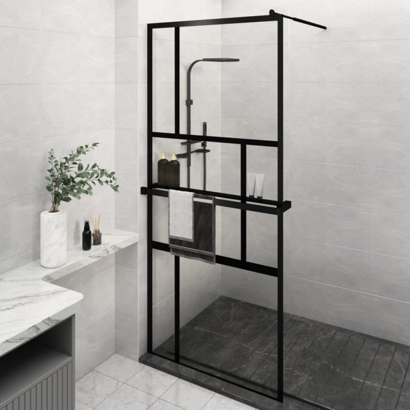 Parete Doccia con Mensola Nera 100x195 cm Vetro ESG e Alluminio Parete Doccia con Mensola Nera 100x195 cm Vetro ESG e Alluminio