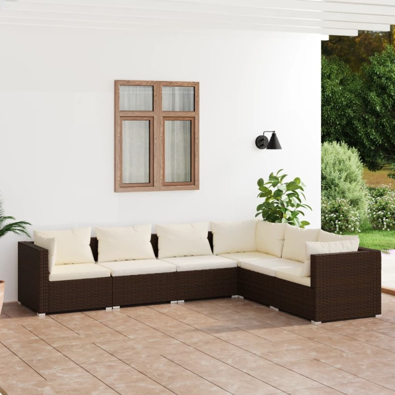 Set Divani da Giardino 6 pz con Cuscini in Polyrattan Marrone Set Divani da Giardino 6 pz con Cuscini in Polyrattan Marrone