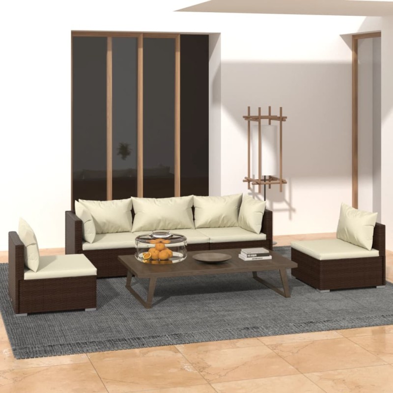 Set Divani da Giardino 5 pz con Cuscini in Polyrattan Marrone Set Divani da Giardino 5 pz con Cuscini in Polyrattan Marrone