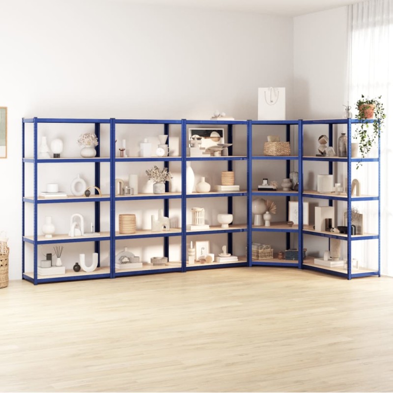Scaffali a 5 Ripiani 5 pz Blu in Acciaio e Legno Multistrato Scaffali a 5 Ripiani 5 pz Blu in Acciaio e Legno Multistrato