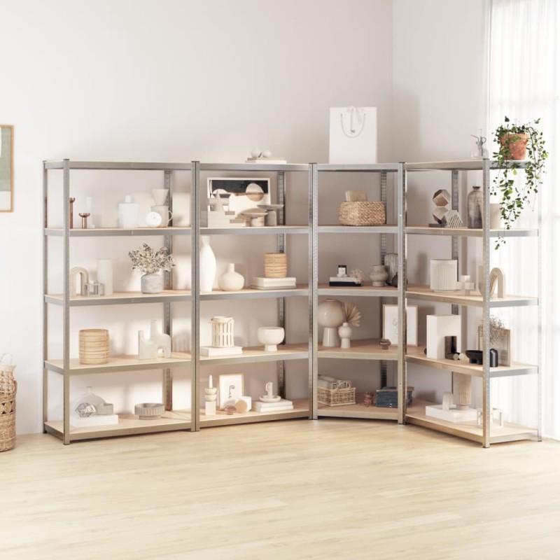 Scaffali 5 Ripiani 4 pz Argento in Acciaio e Legno Multistrato Scaffali 5 Ripiani 4 pz Argento in Acciaio e Legno Multistrato