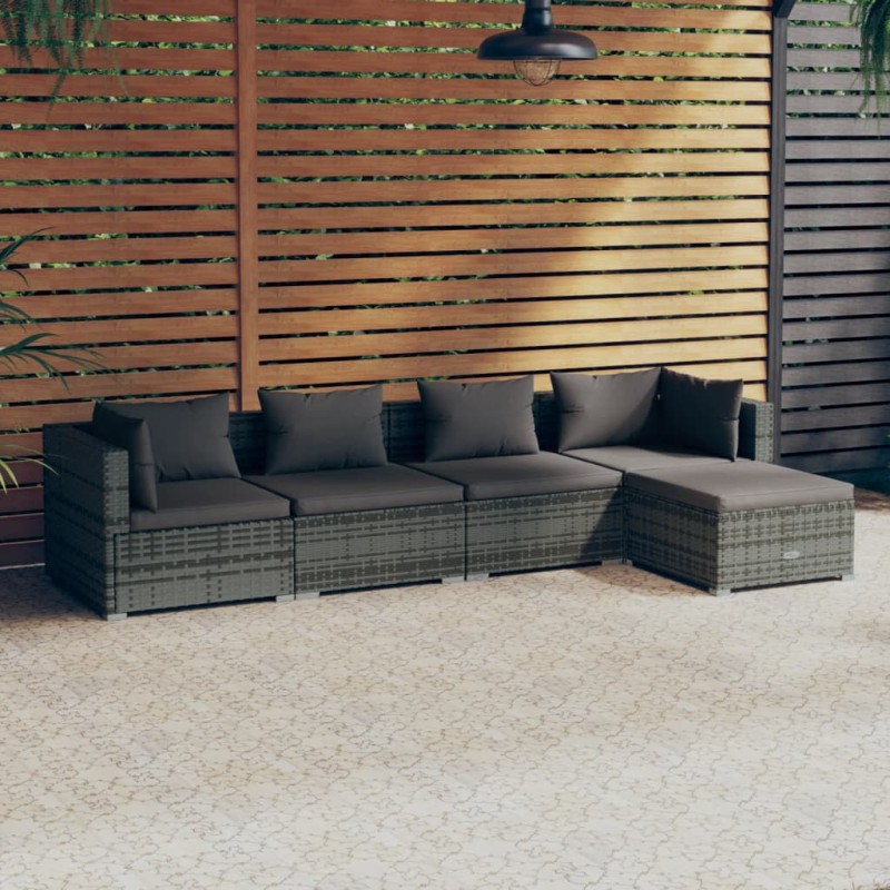 Set Divani da Giardino 5 pz con Cuscini in Polyrattan Grigio Set Divani da Giardino 5 pz con Cuscini in Polyrattan Grigio