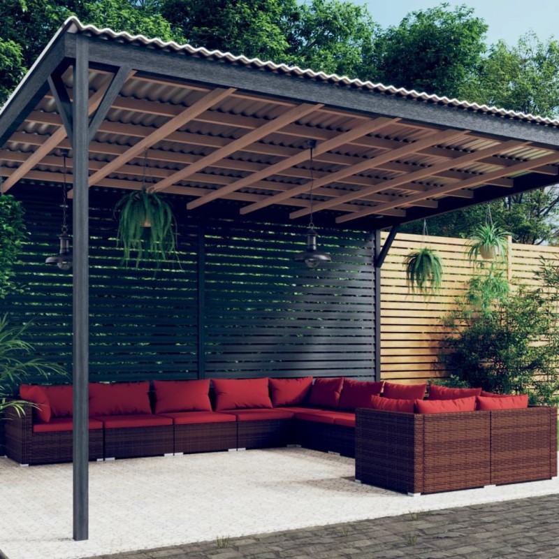 Set Divani da Giardino 10 pz con Cuscini in Polyrattan Marrone Set Divani da Giardino 10 pz con Cuscini in Polyrattan Marrone