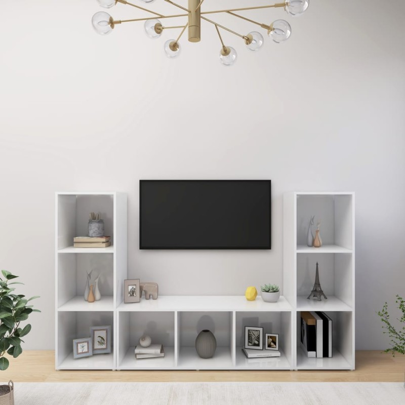 Mobili Porta TV 3 pz Bianco Lucido 107x35x37 cm in Truciolato Mobili Porta TV 3 pz Bianco Lucido 107x35x37 cm in Truciolato