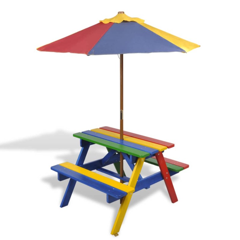 vidaXL Tavolo e Panchine per Bambini con Parasole Legno Multicolore vidaXL Tavolo e Panchine per Bambini con Parasole Legno Multicolore