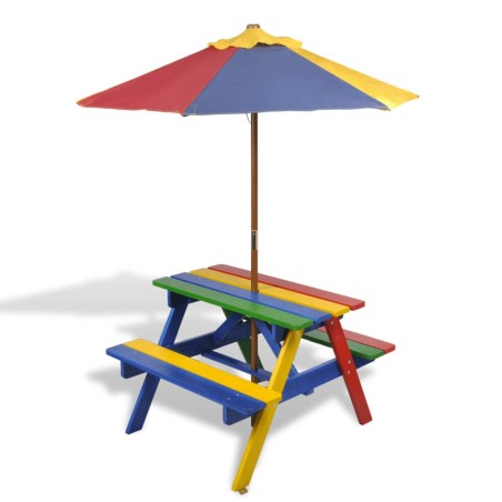 vidaXL Tavolo e Panchine per Bambini con Parasole Legno Multicolore