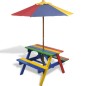 vidaXL Tavolo e Panchine per Bambini con Parasole Legno Multicolore vidaXL Tavolo e Panchine per Bambini con Parasole Legno Multicolore