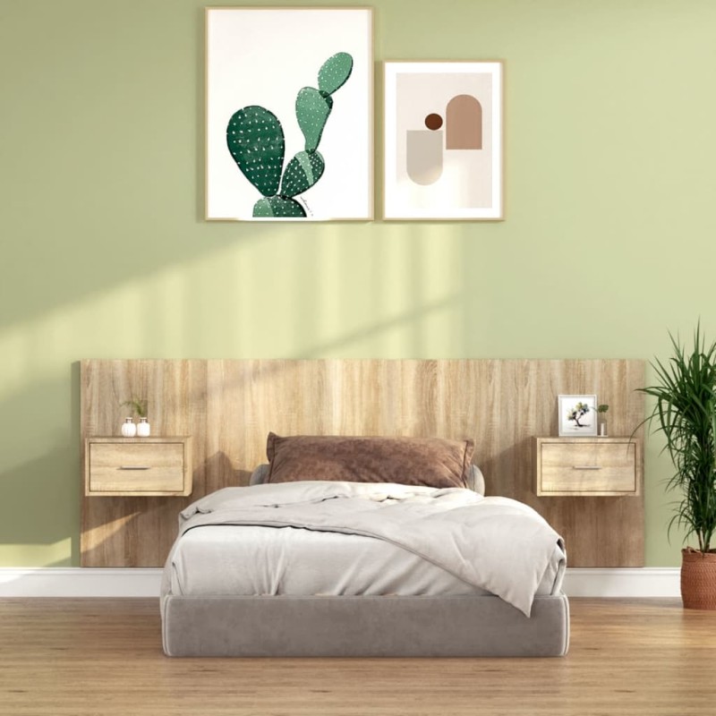 Testiera Letto con Comodini in Legno Multistrato Rovere Sonoma Testiera Letto con Comodini in Legno Multistrato Rovere Sonoma