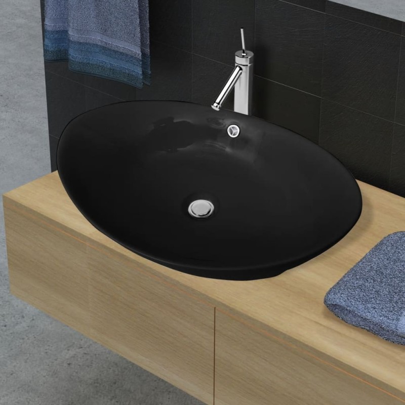 Lavello Ovale in Ceramica di Lusso Nero Troppopieno 59x38,5 cm Lavello Ovale in Ceramica di Lusso Nero Troppopieno 59x38,5 cm