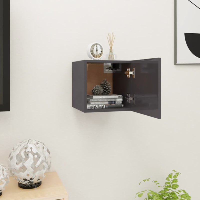 Armadietti a Parete per TV 2 pz Grigio Lucido 30,5x30x30 cm Armadietti a Parete per TV 2 pz Grigio Lucido 30,5x30x30 cm
