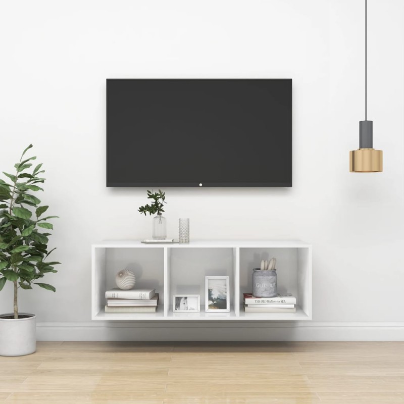 Armadietto a Parete per TV Bianco Lucido 37x37x107cm Truciolato Armadietto a Parete per TV Bianco Lucido 37x37x107cm Truciolato
