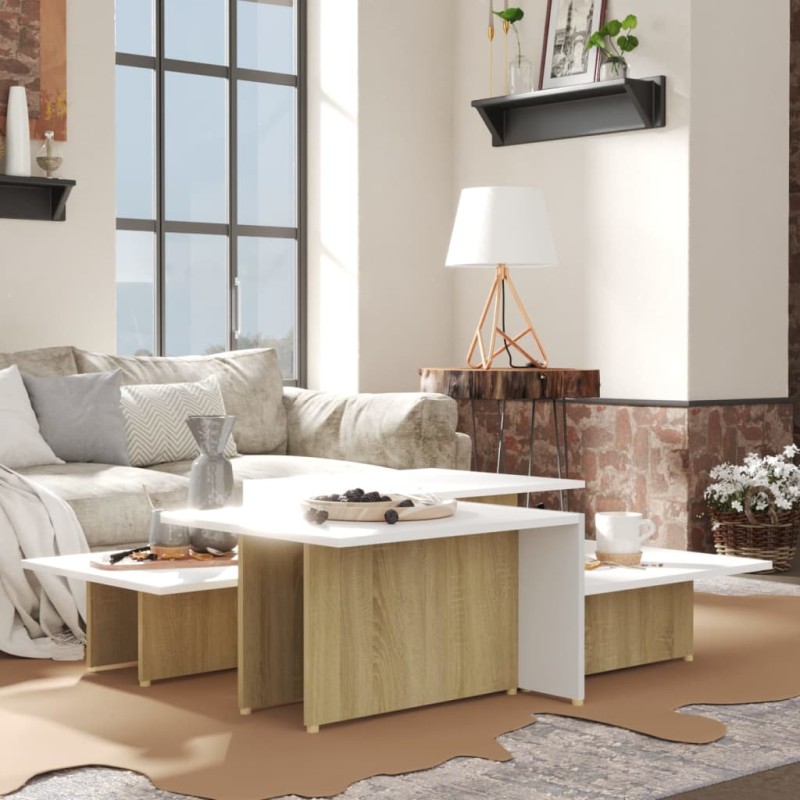 Tavolini 2 pz Sonoma e Bianco 111,5x50x33 cm in Multistrato Tavolini 2 pz Sonoma e Bianco 111,5x50x33 cm in Multistrato