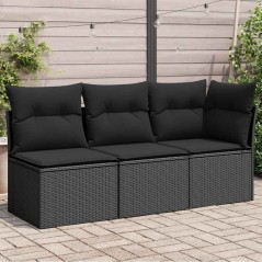 vidaXL Divano da Giardino a 3 Posti con Cuscini Nero in Polyrattan