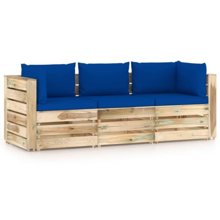 Divano da Giardino 3 Posti con Cuscini Legno Impregnato Verde