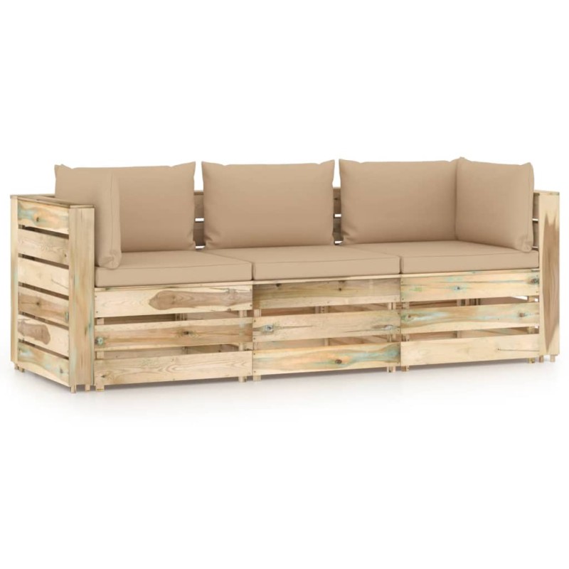 Divano da Giardino 3 Posti con Cuscini Legno Impregnato Verde