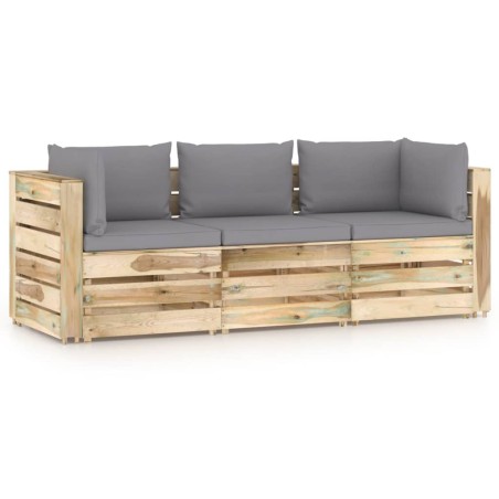 Divano da Giardino 3 Posti con Cuscini Legno Impregnato Verde