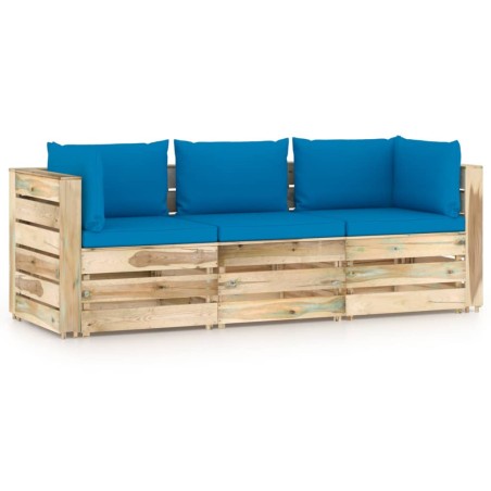 Divano da Giardino 3 Posti con Cuscini Legno Impregnato Verde