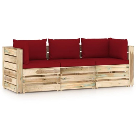 Divano da Giardino 3 Posti con Cuscini Legno Impregnato Verde