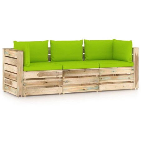 Divano da Giardino 3 Posti con Cuscini Legno Impregnato Verde