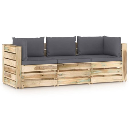 Divano da Giardino 3 Posti con Cuscini Legno Impregnato Verde