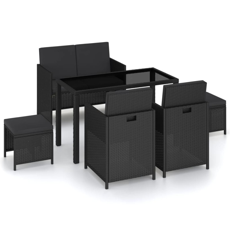 Set da Pranzo da Giardino 6 pz con Cuscini in Polyrattan Nero Set da Pranzo da Giardino 6 pz con Cuscini in Polyrattan Nero