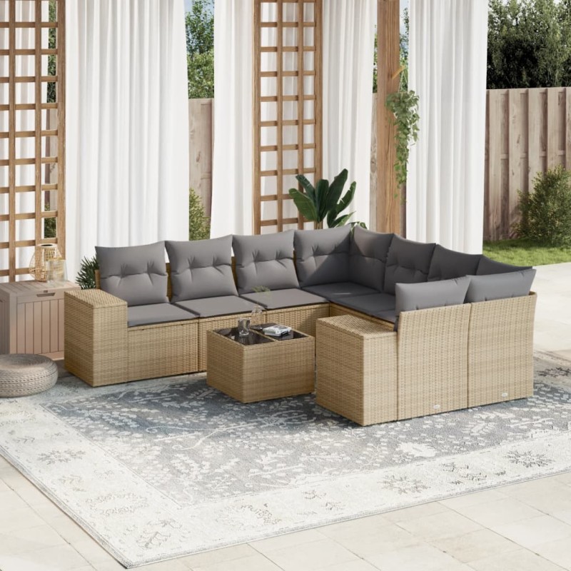 vidaXL Set Divano da Giardino 9 pz con Cuscini Beige in Polyrattan vidaXL Set Divano da Giardino 9 pz con Cuscini Beige in Polyrattan