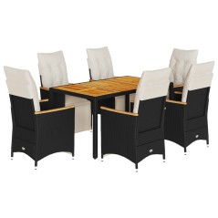 vidaXL Set da Bistrò da Giardino 7 pz con Cuscini Nero in Polyrattan