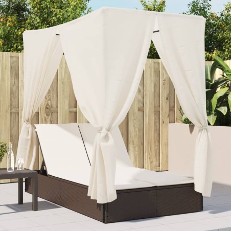 vidaXL Lettino Prendisole con Tetto e Tende Marrone in Polyrattan