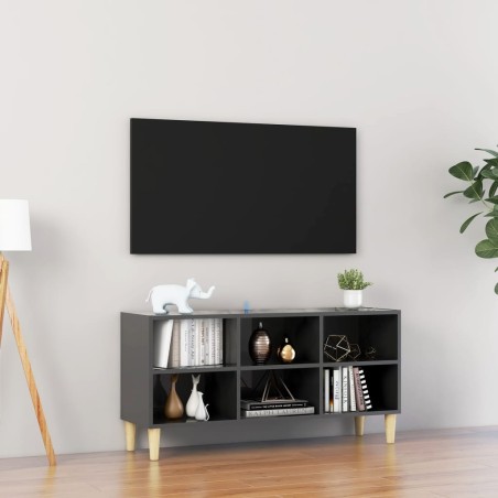 Mobile TV con Gambe in Legno Massello Grigio Lucido 103,5x30x50 cm