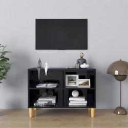 Mobile TV con Gambe in Legno Massello Nero Lucido 69,5x30x50 cm