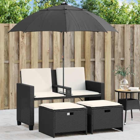 vidaXL Divano Giardino 2 Posti Ombrellone e Sgabelli Nero Polyrattan