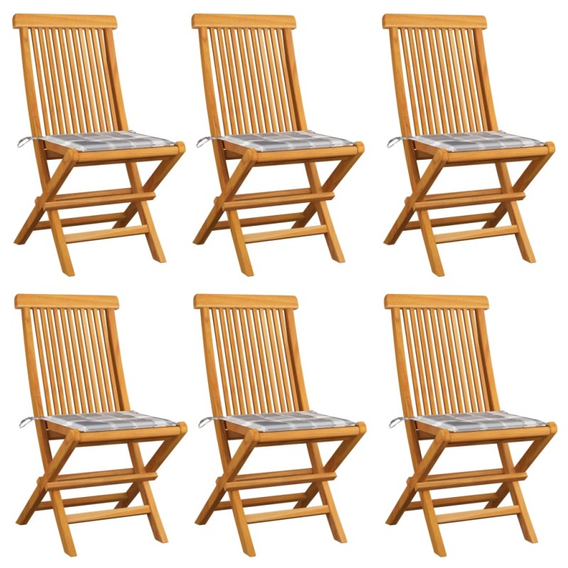 Sedie da Giardino e Cuscini Grigi a Quadri 6 pz Massello Teak Sedie da Giardino e Cuscini Grigi a Quadri 6 pz Massello Teak