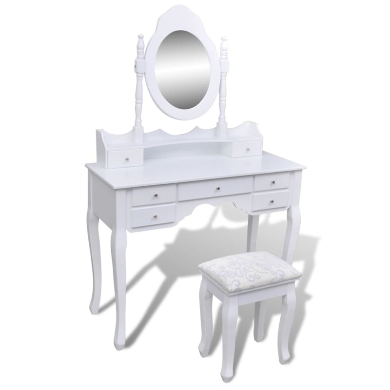 Tavolo da Trucco con Specchio e Sgabello 7 Cassetti Bianco Tavolo da Trucco con Specchio e Sgabello 7 Cassetti Bianco