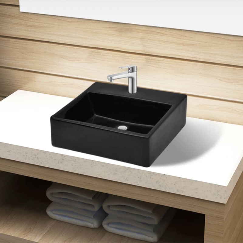 Lavandino Bagno in Ceramica Nera Quadrato con Foro per Rubinetto Lavandino Bagno in Ceramica Nera Quadrato con Foro per Rubinetto