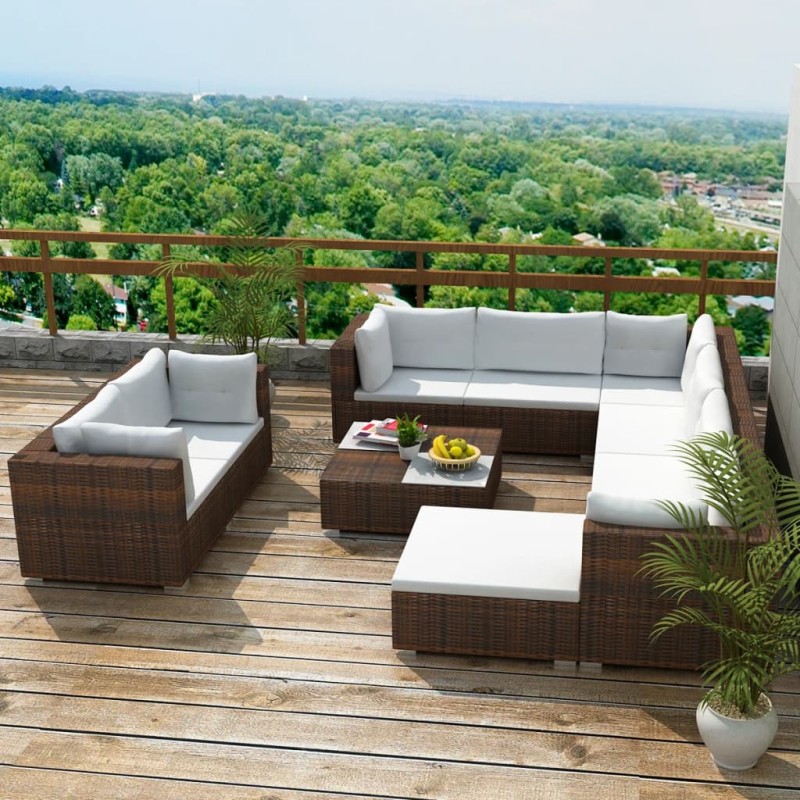Set Divani da Giardino 10 pz con Cuscini in Polyrattan Marrone Set Divani da Giardino 10 pz con Cuscini in Polyrattan Marrone