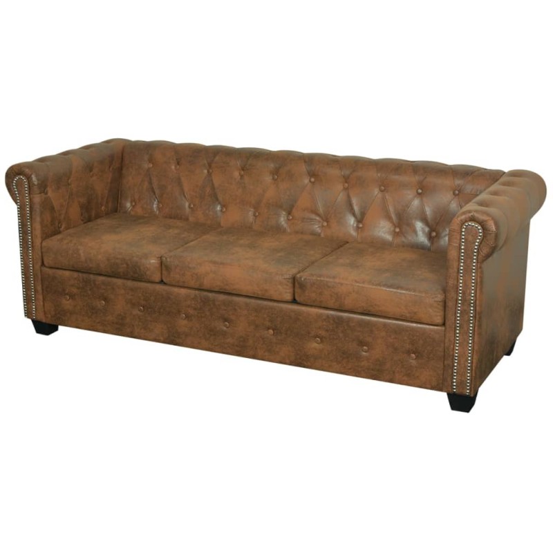 Divano Chesterfield a 3 Posti in Finta Pelle Marrone Divano Chesterfield a 3 Posti in Finta Pelle Marrone