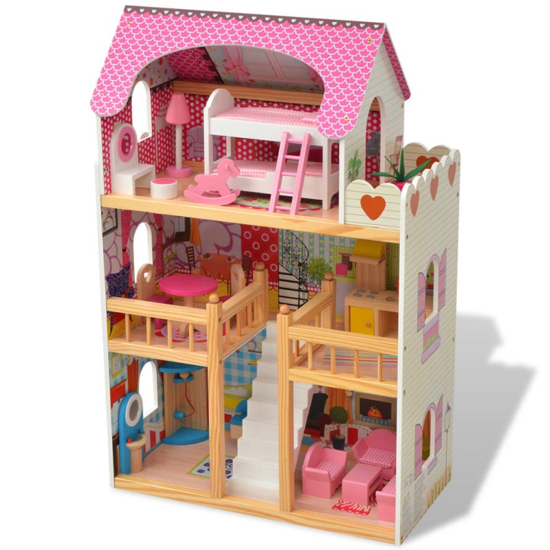 Casa delle Bambole a 3 Piani in Legno 60x30x90 cm Casa delle Bambole a 3 Piani in Legno 60x30x90 cm