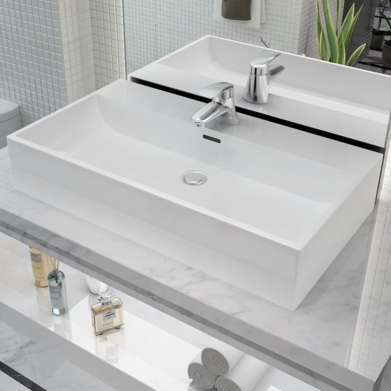 Lavandino con Foro Rubinetto in Ceramica Bianca 76x42,5x14,5 cm Lavandino con Foro Rubinetto in Ceramica Bianca 76x42,5x14,5 cm