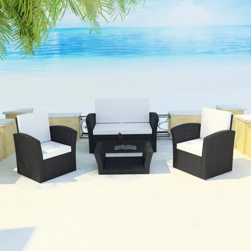 Set Divani da Giardino 4 pz con Cuscini in Polyrattan Nero Set Divani da Giardino 4 pz con Cuscini in Polyrattan Nero