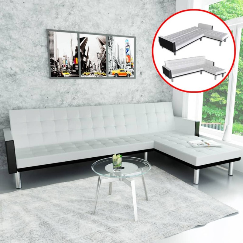 Divano Letto a L in Pelle Artificiale Bianco Divano Letto a L in Pelle Artificiale Bianco