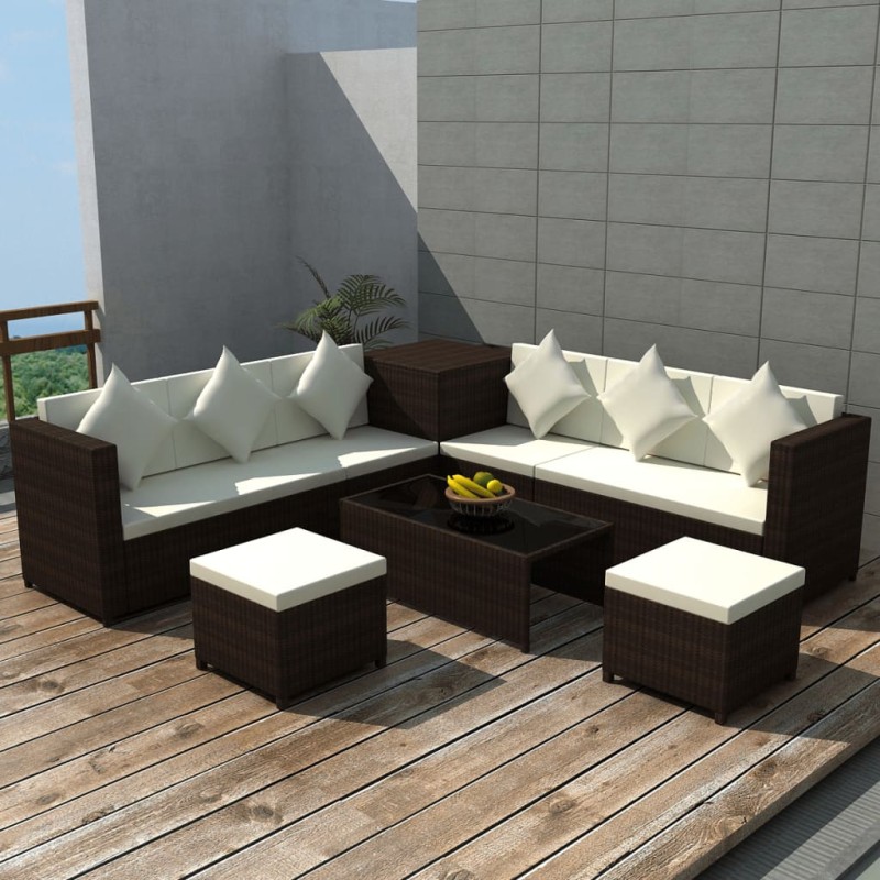 Set Divani da Giardino 8 pz con Cuscini in Polyrattan Marrone Set Divani da Giardino 8 pz con Cuscini in Polyrattan Marrone
