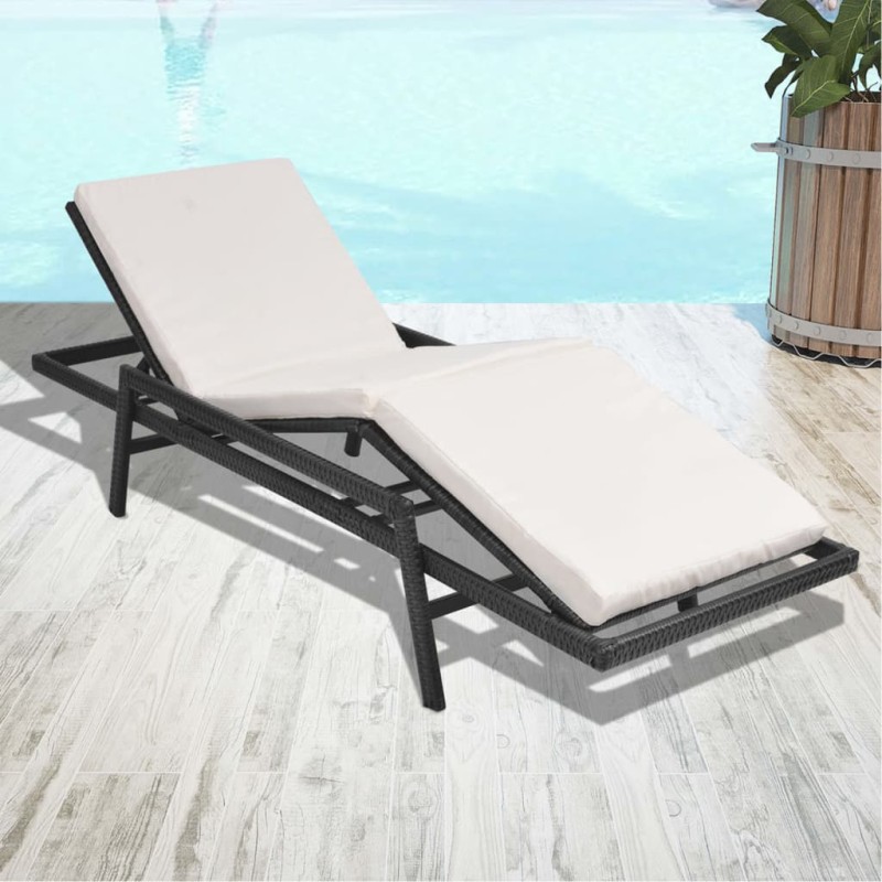 Lettino Prendisole con Cuscino in Polyrattan Nero Lettino Prendisole con Cuscino in Polyrattan Nero