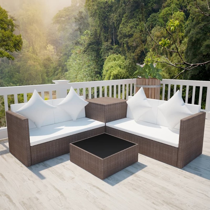 Set Divani da Giardino 4 pz con Cuscini in Polyrattan Marrone Set Divani da Giardino 4 pz con Cuscini in Polyrattan Marrone