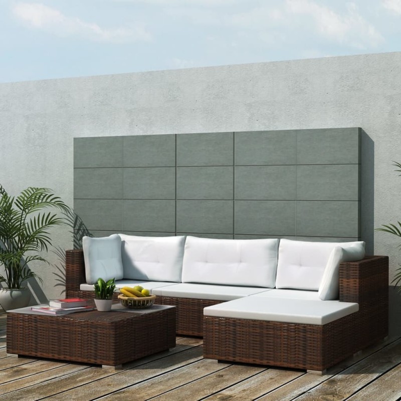 Set Divani da Giardino 5 pz con Cuscini in Polyrattan Marrone Set Divani da Giardino 5 pz con Cuscini in Polyrattan Marrone