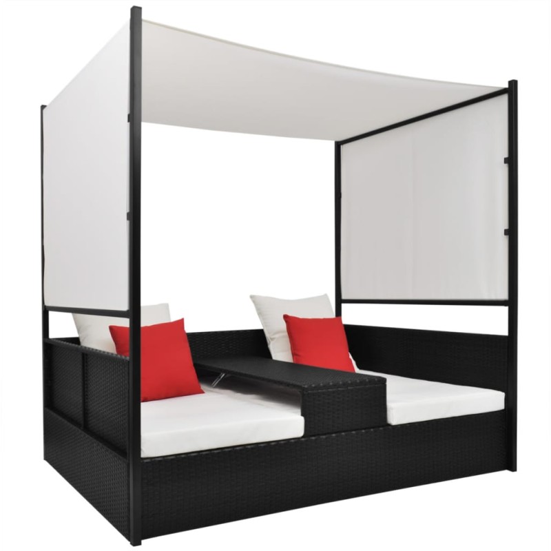 Lettino da Giardino con Tetto Nero 190x130 cm in Polyrattan Lettino da Giardino con Tetto Nero 190x130 cm in Polyrattan