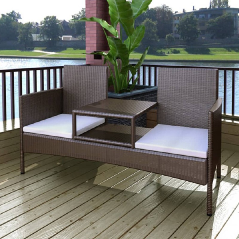 Divano da Giardino a 2 Posti con Tavolino in Polyrattan Marrone Divano da Giardino a 2 Posti con Tavolino in Polyrattan Marrone